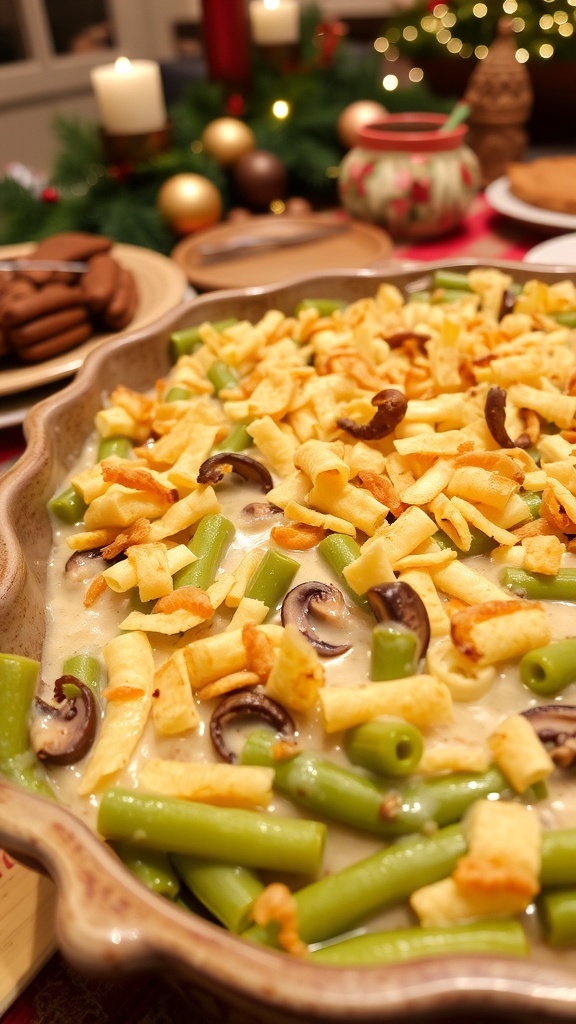 A delicious green bean casserole topped with crispy onions in a baking dish, set on a festive table.
